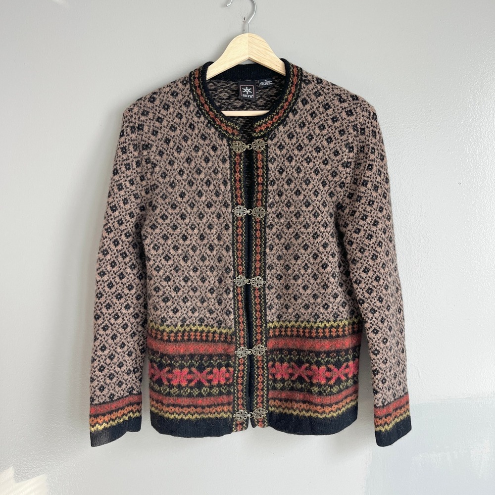 Skyr Cardigan Sweater Womens S Brown Nordic Fair Isle Brown Wool Clasp Vintage